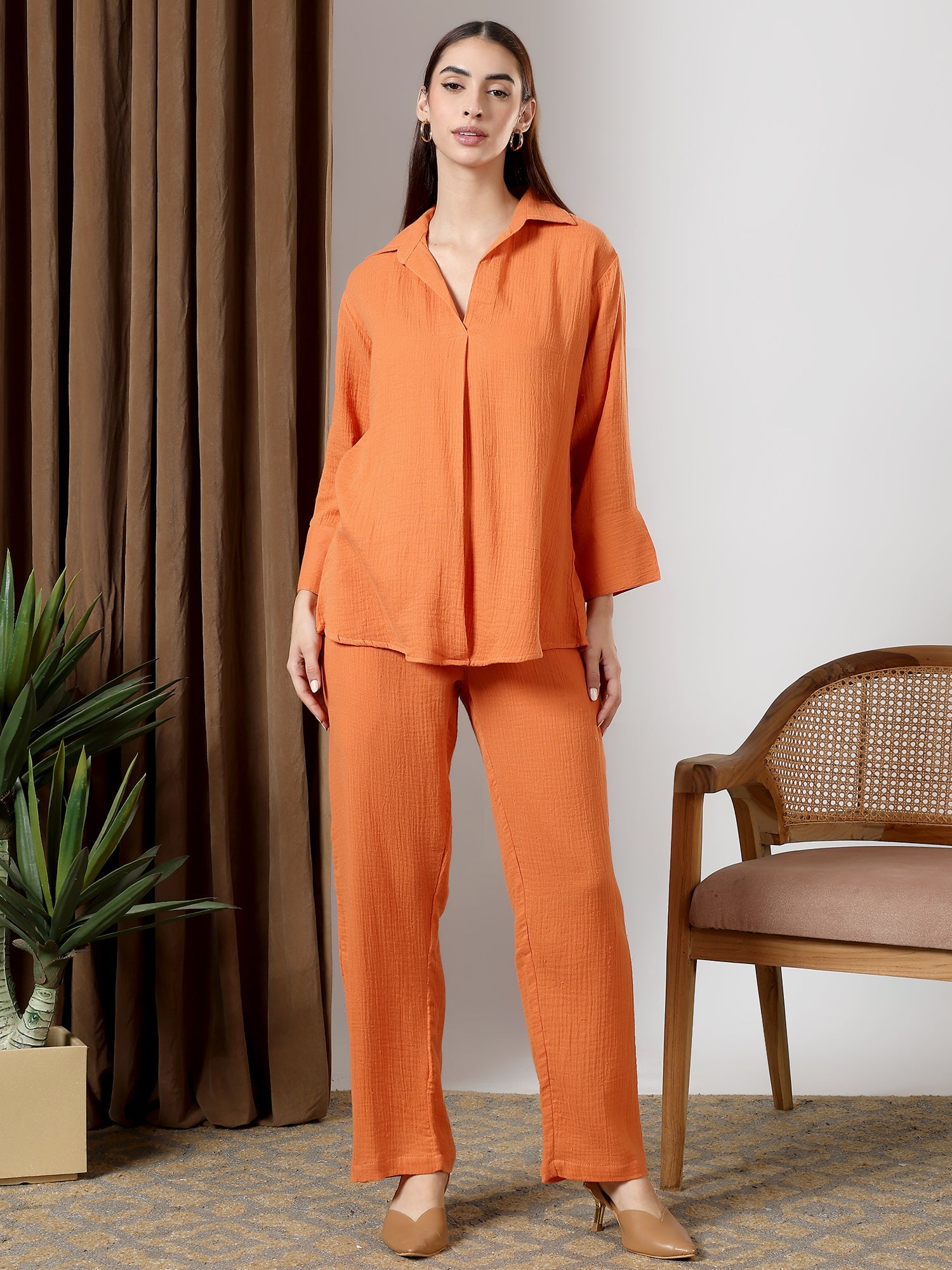 Orange Deep pleated neck coord set