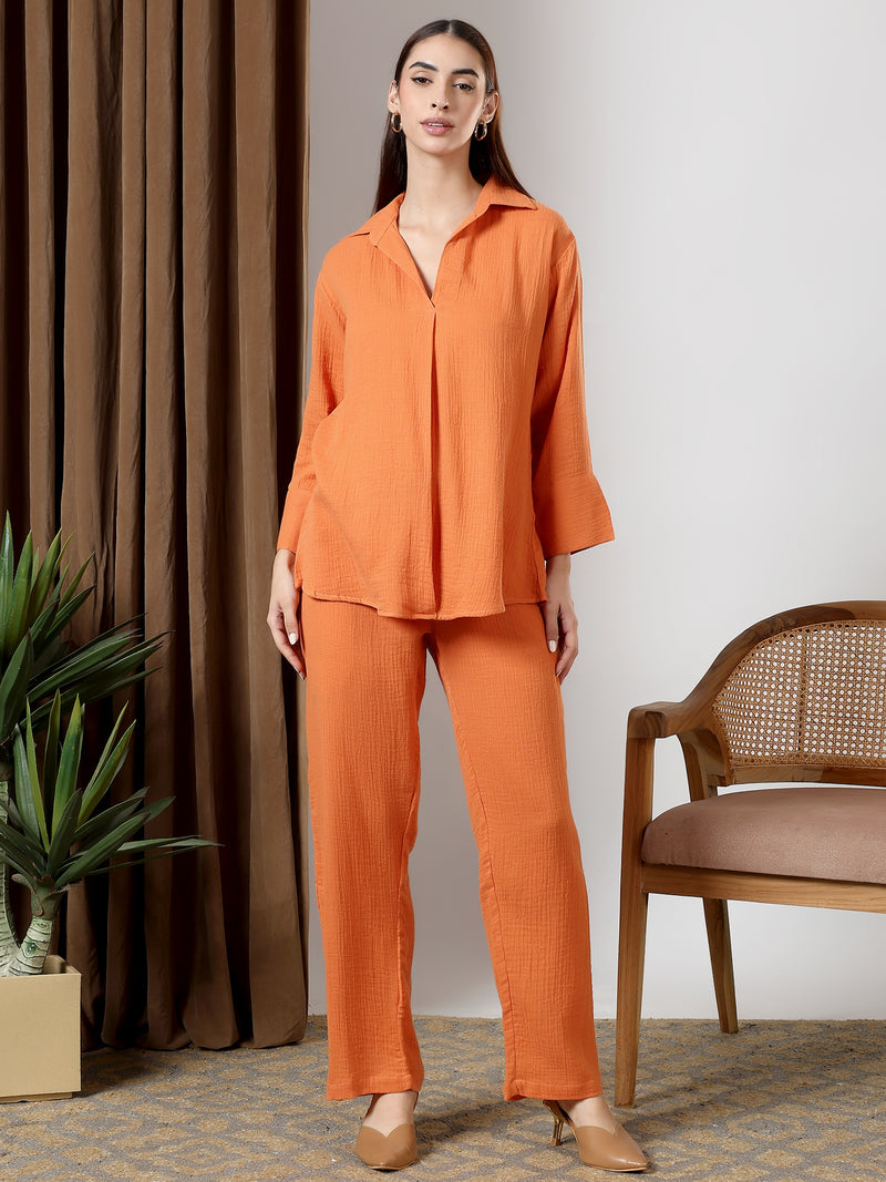 Orange Deep pleated neck coord set