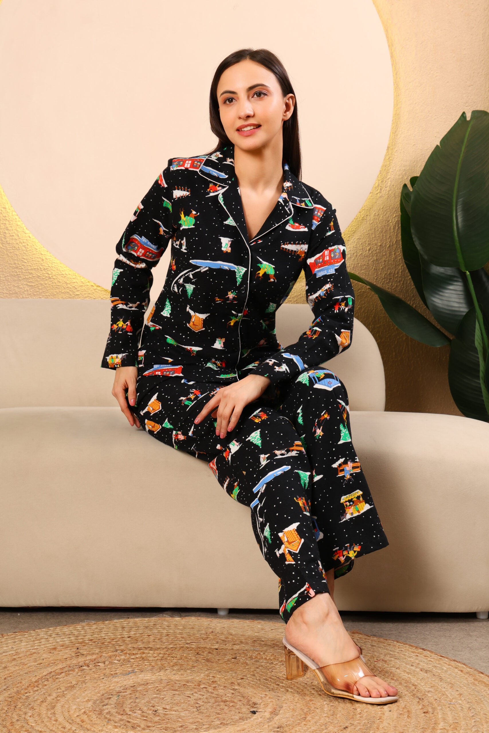 Black Printed winter night suits