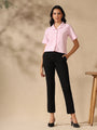 Pink White striped coat collar crop shirt
