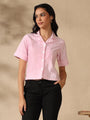 Pink White striped coat collar crop shirt