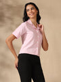 Pink White striped coat collar crop shirt