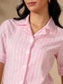 Pink White striped coat collar crop shirt