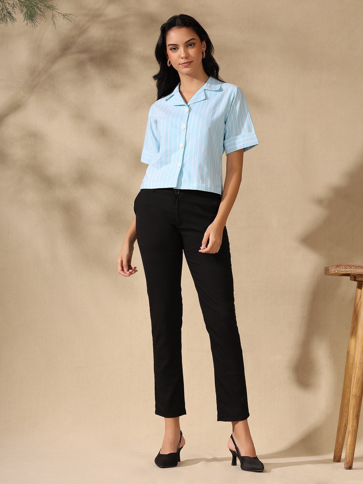 Blue White striped coat collar crop shirt