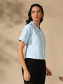 Blue White striped coat collar crop shirt