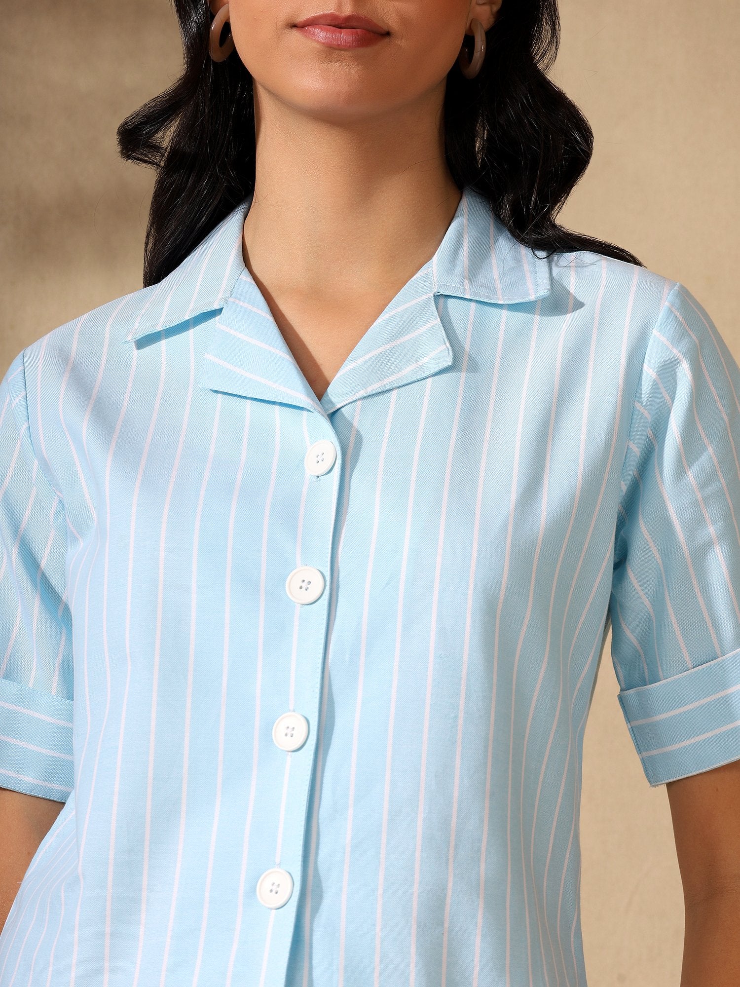 Blue White striped coat collar crop shirt