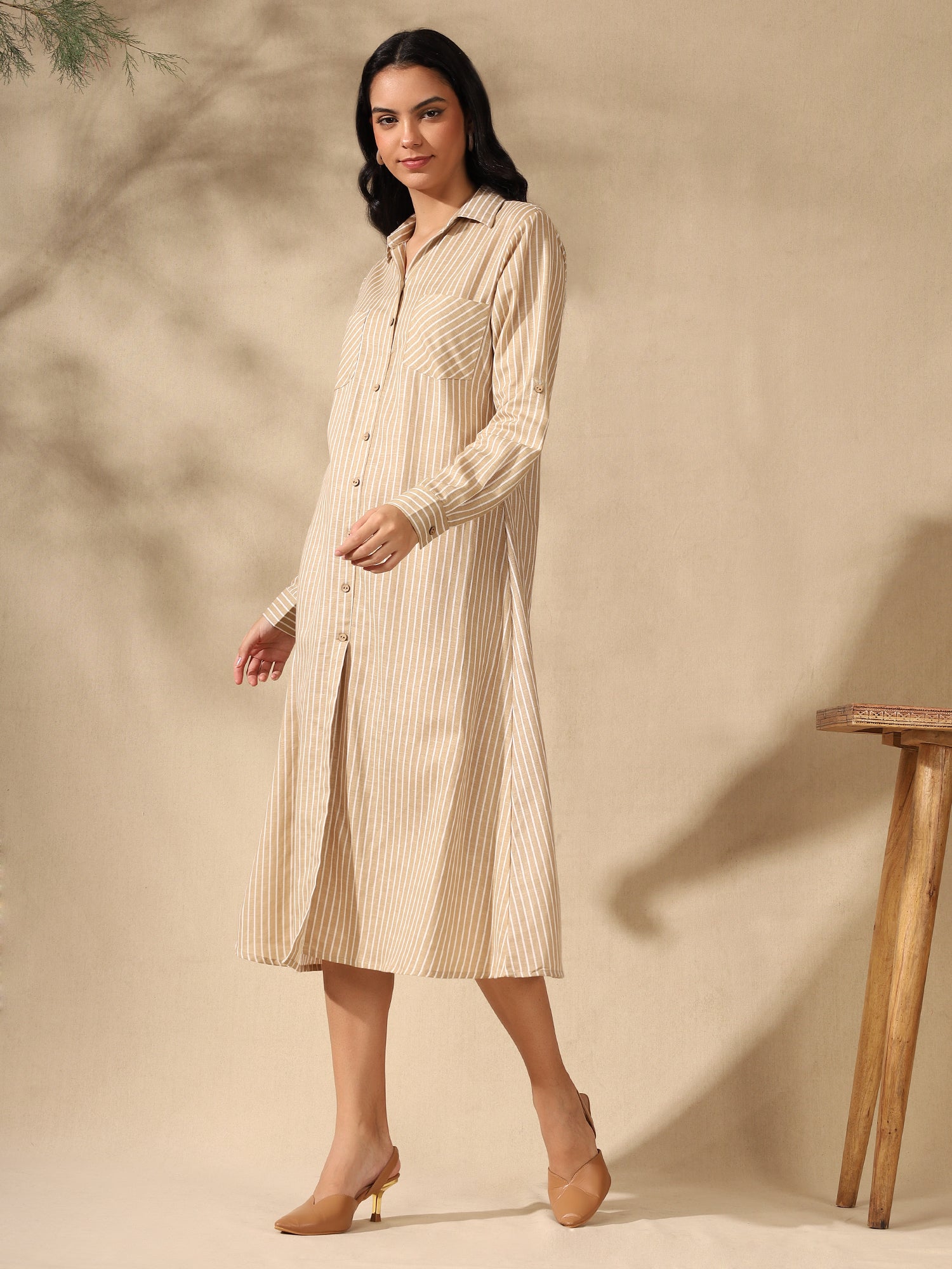 Beige striped bebo midi dress