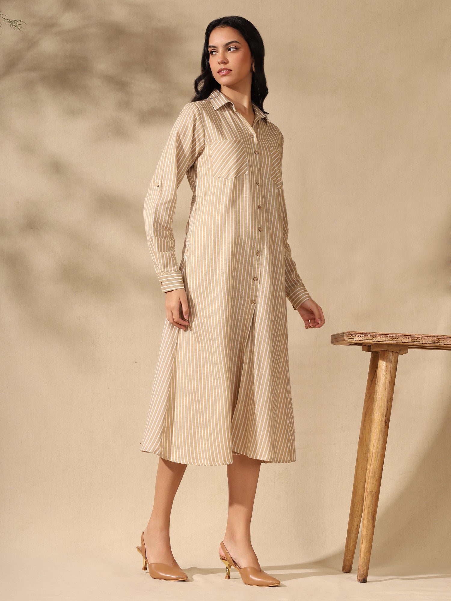 Beige striped bebo midi dress