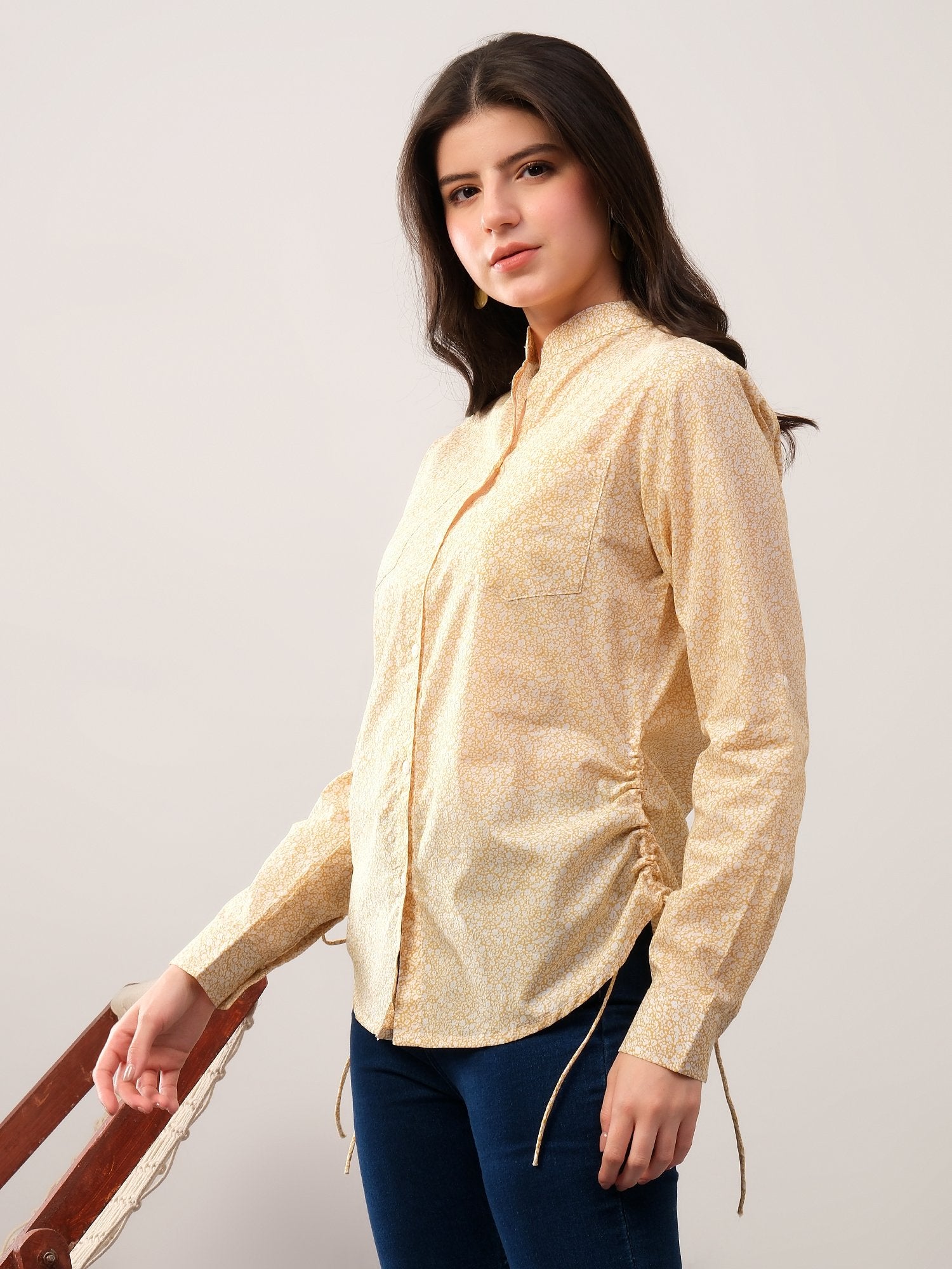 Yellow printed band neck collar dori shirt