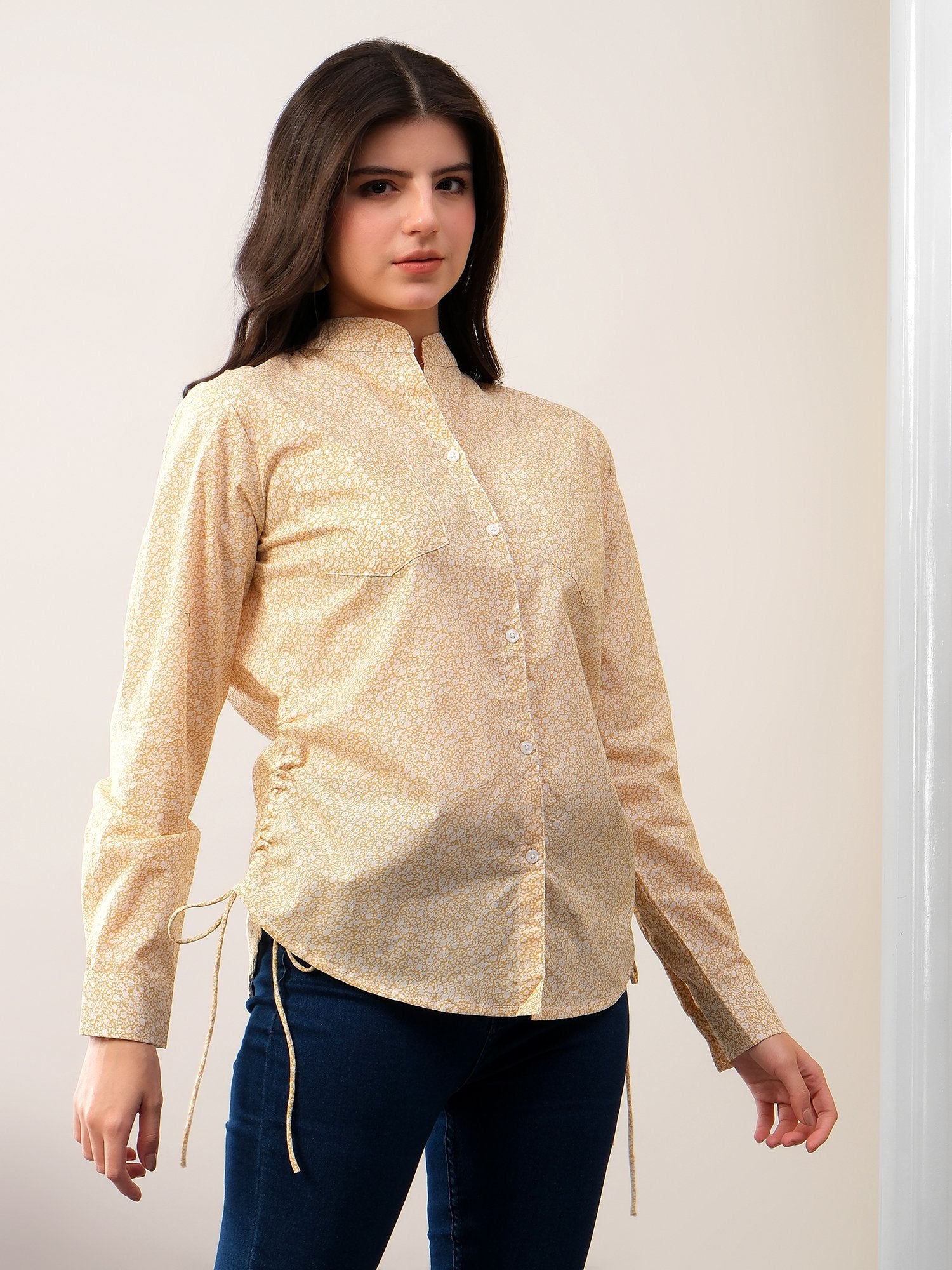 Yellow printed band neck collar dori shirt
