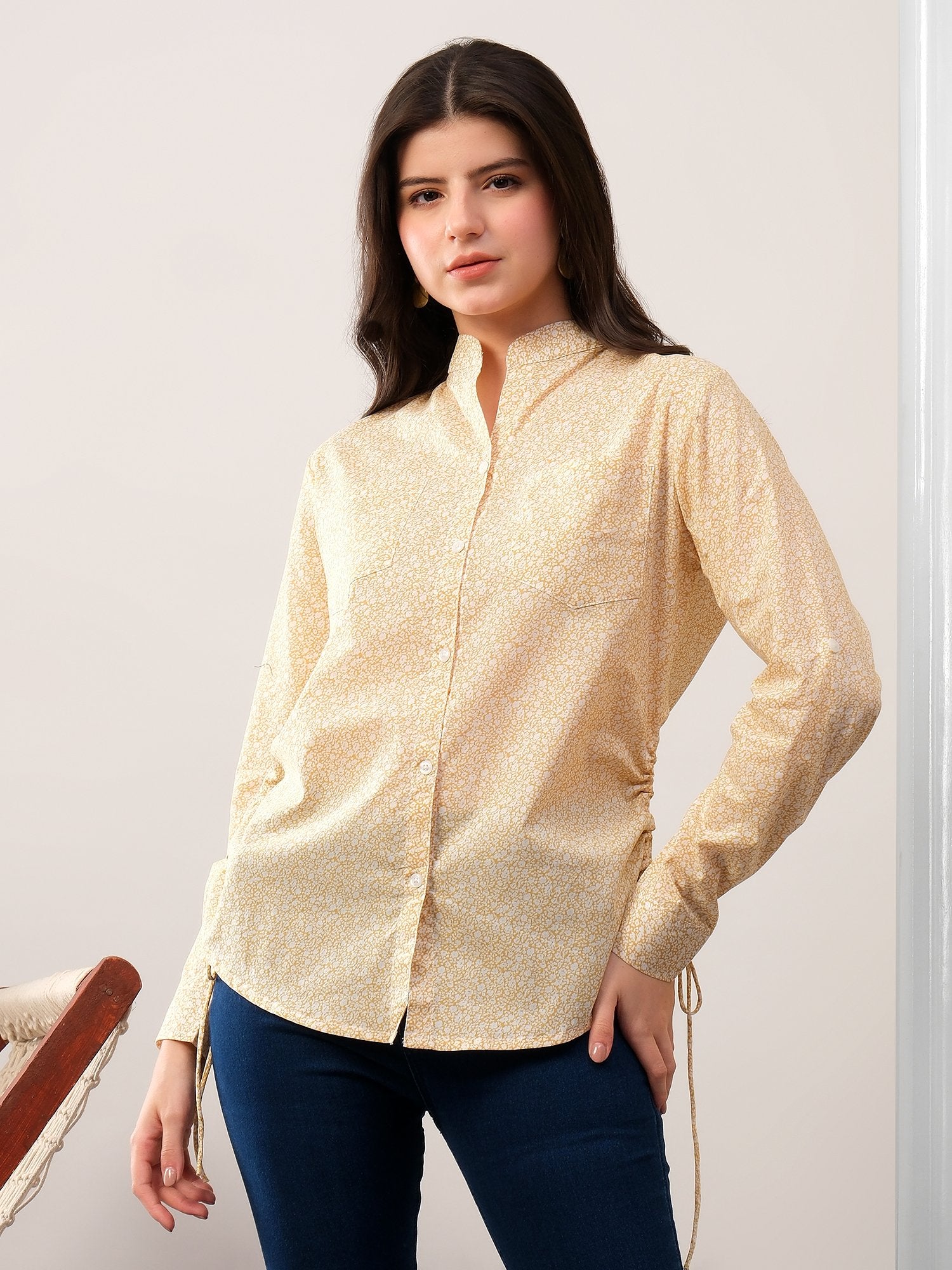 Yellow printed band neck collar dori shirt