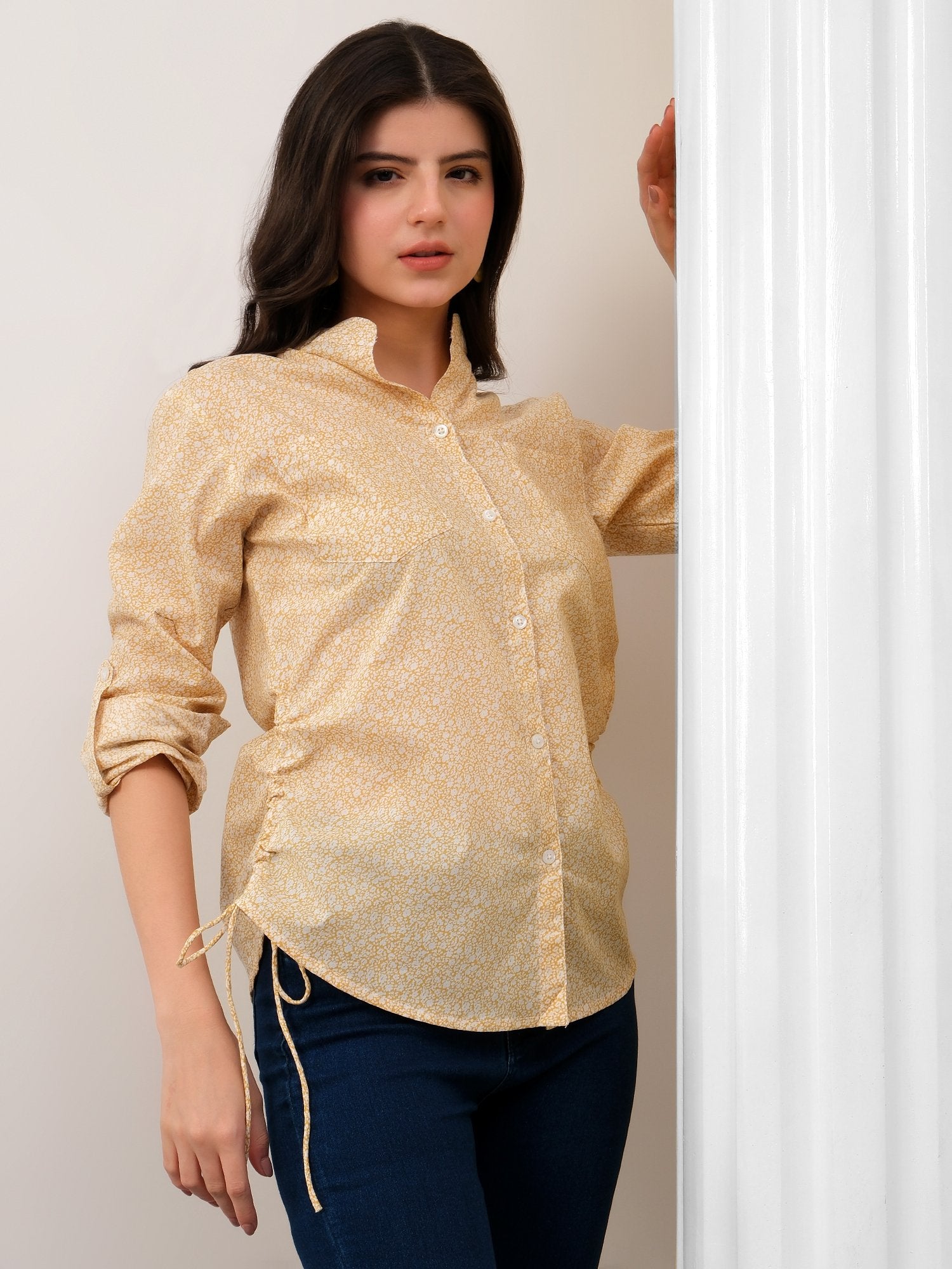 Yellow printed band neck collar dori shirt