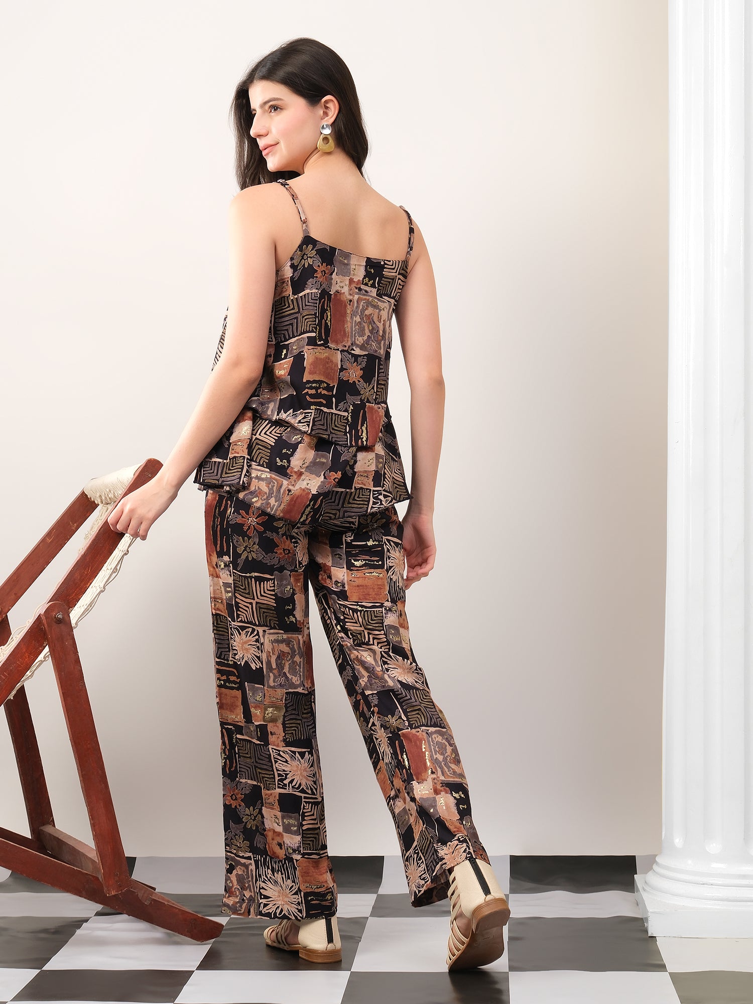 Black Foil print double layered top with pants coord set