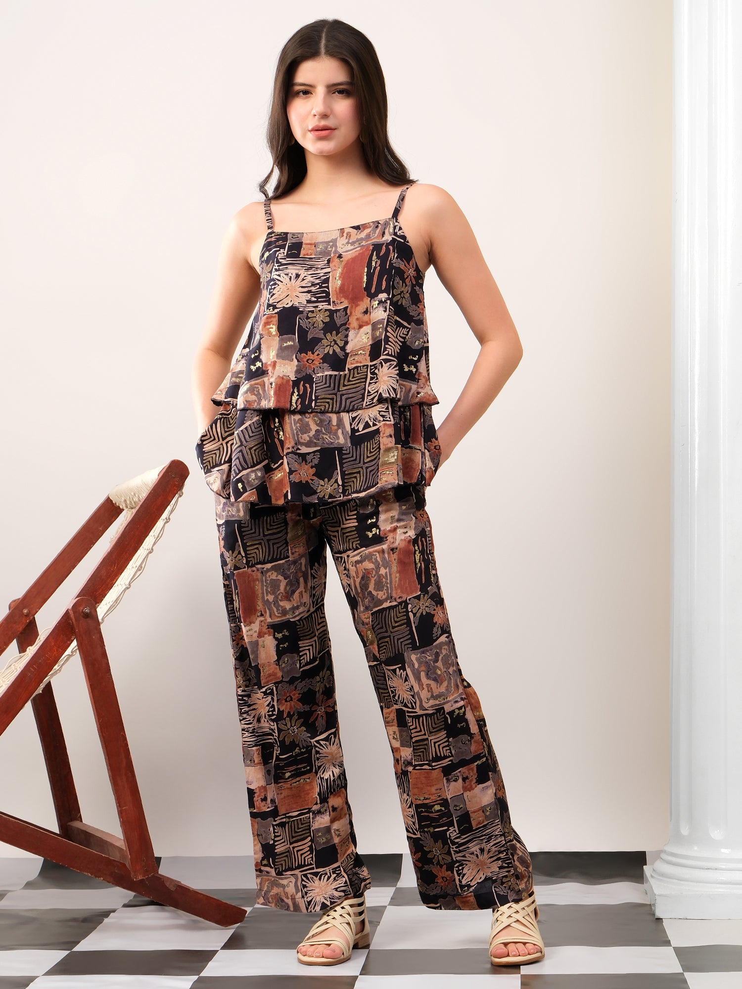 Black Foil print double layered top with pants coord set