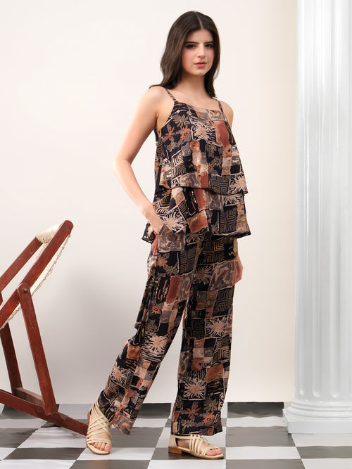 Black Foil print double layered top with pants coord set