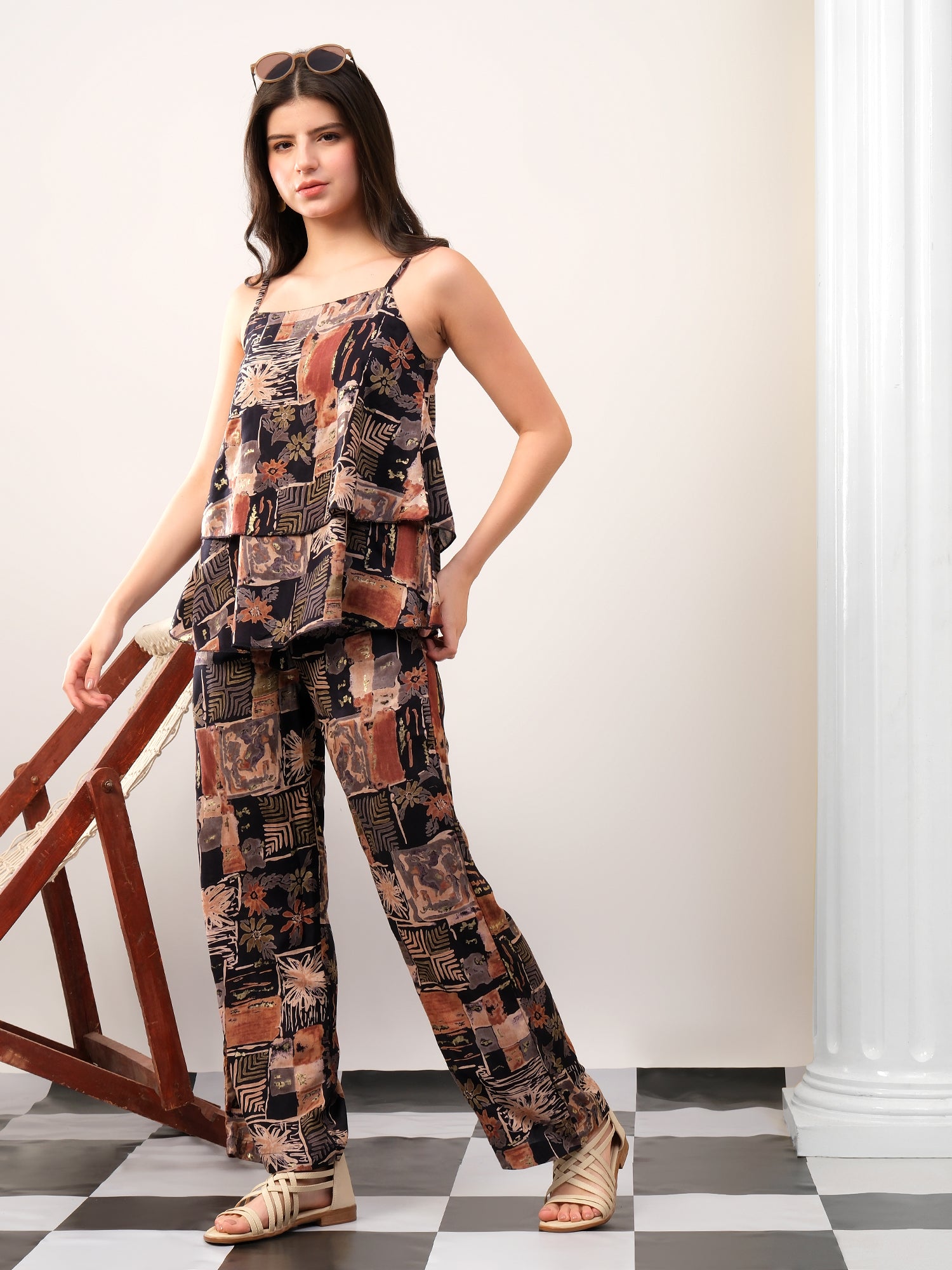 Black Foil print double layered top with pants coord set