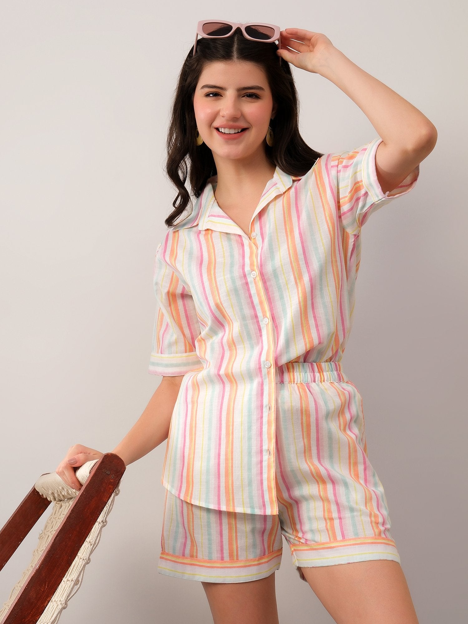 Pink white  Causal striped Shorts coord set