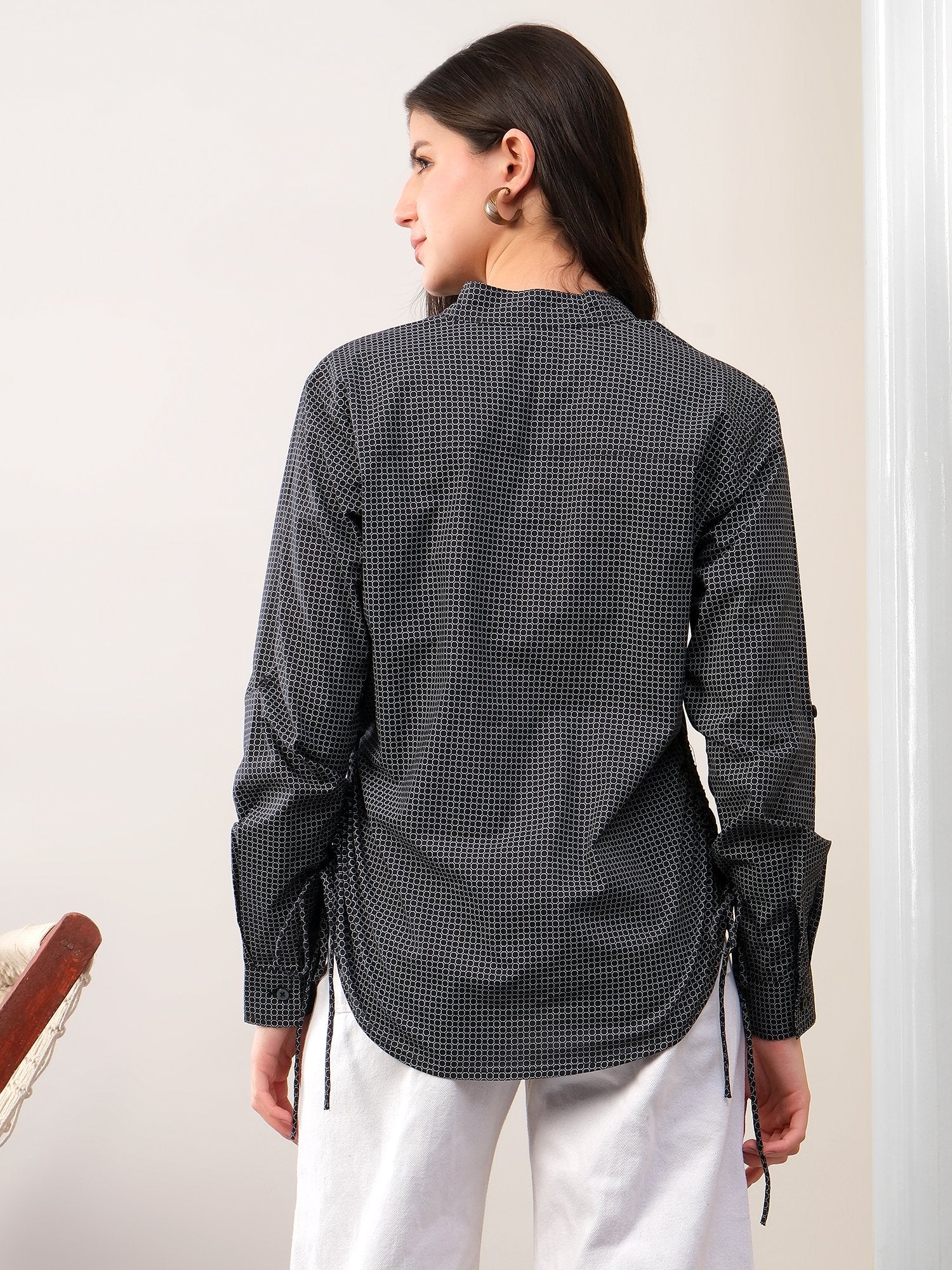 Black printed band neck collar dori shirt