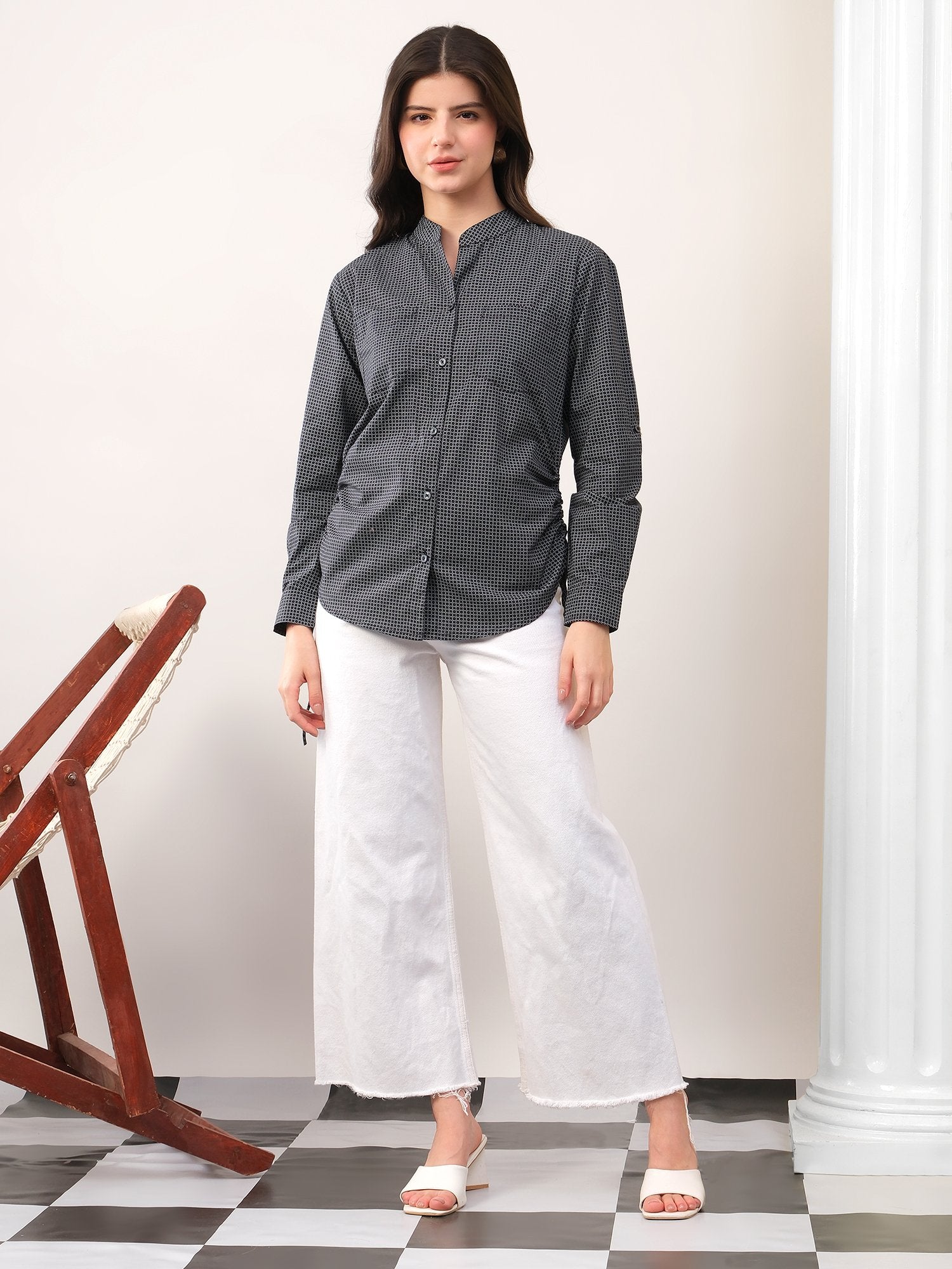 Black printed band neck collar dori shirt