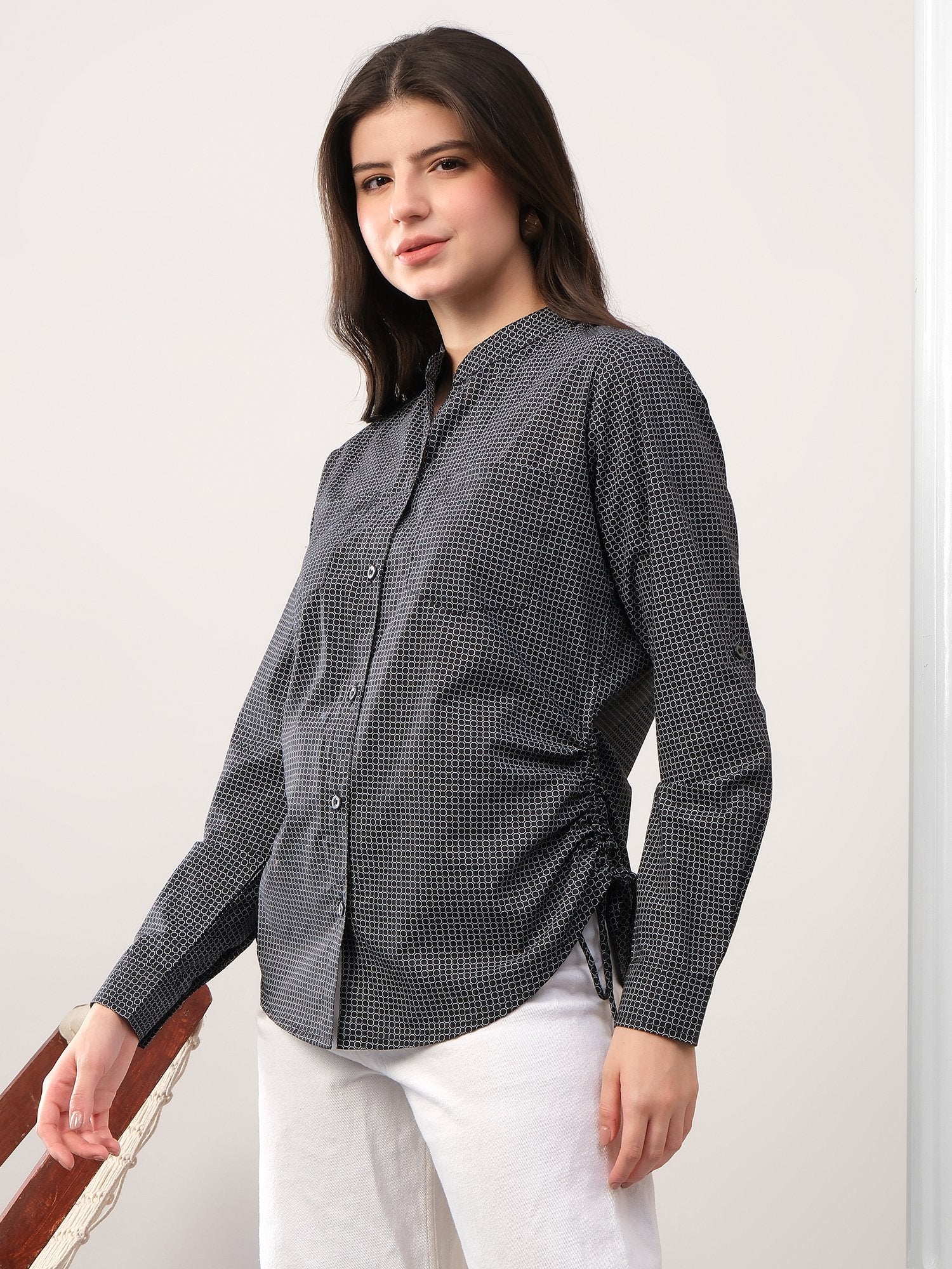 Black printed band neck collar dori shirt