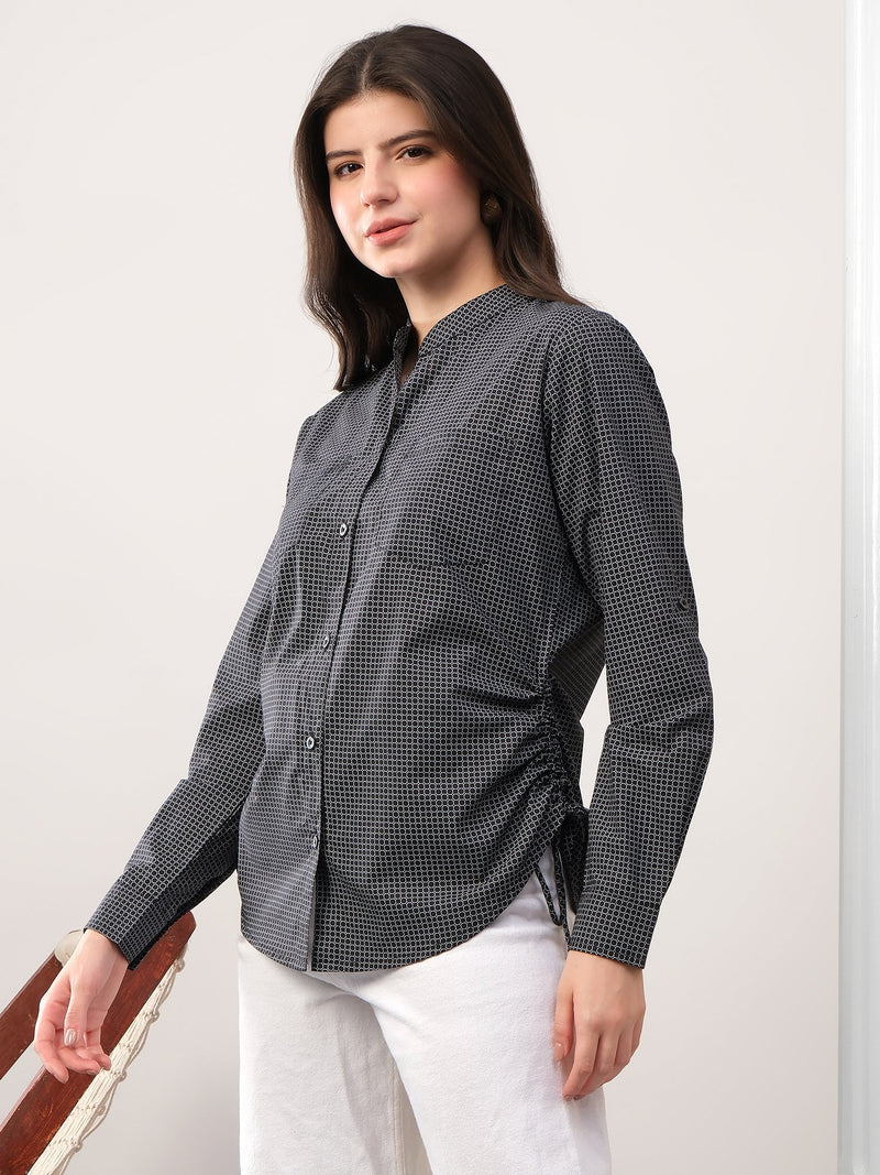 Black printed band neck collar dori shirt