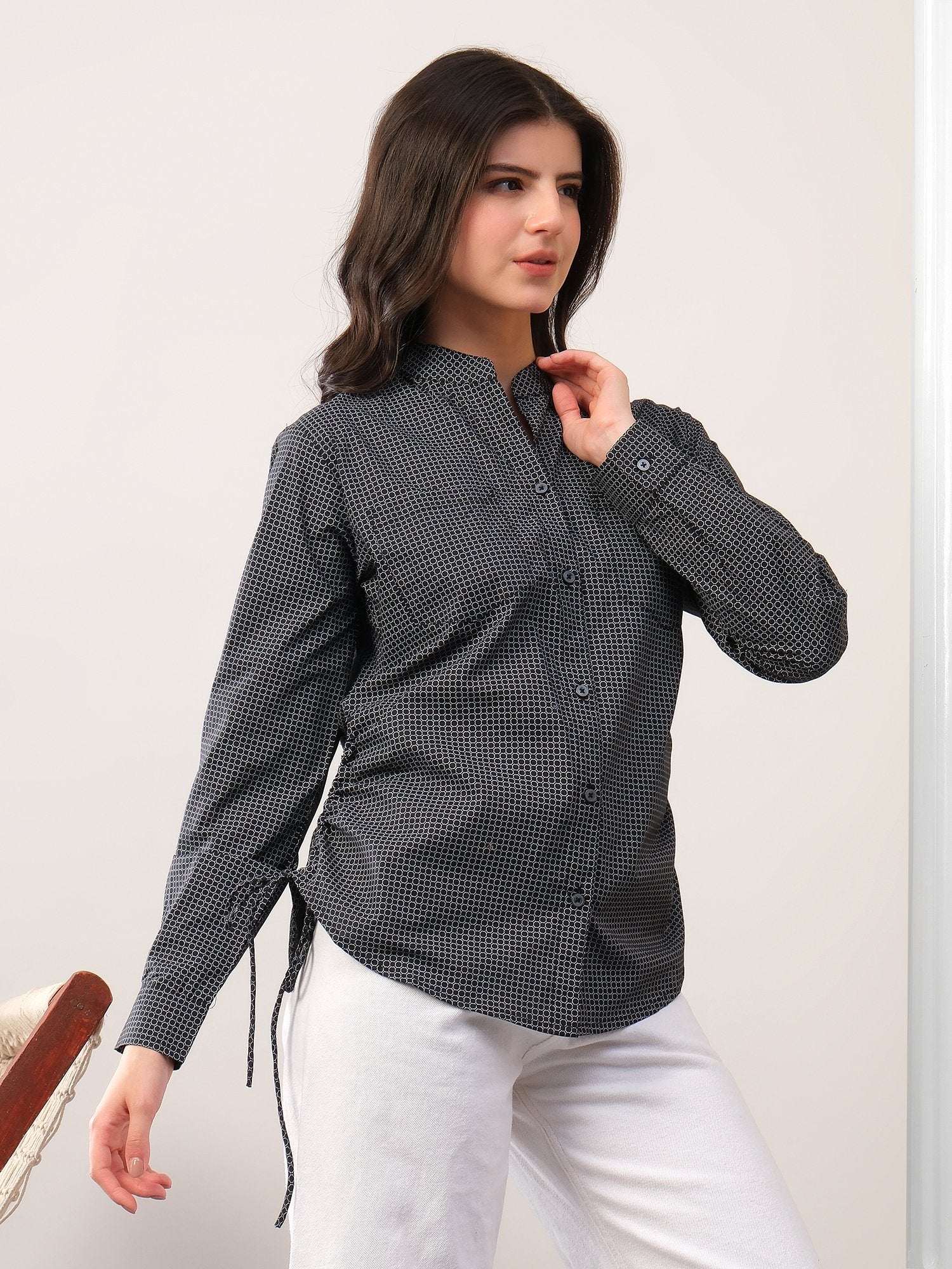 Black printed band neck collar dori shirt