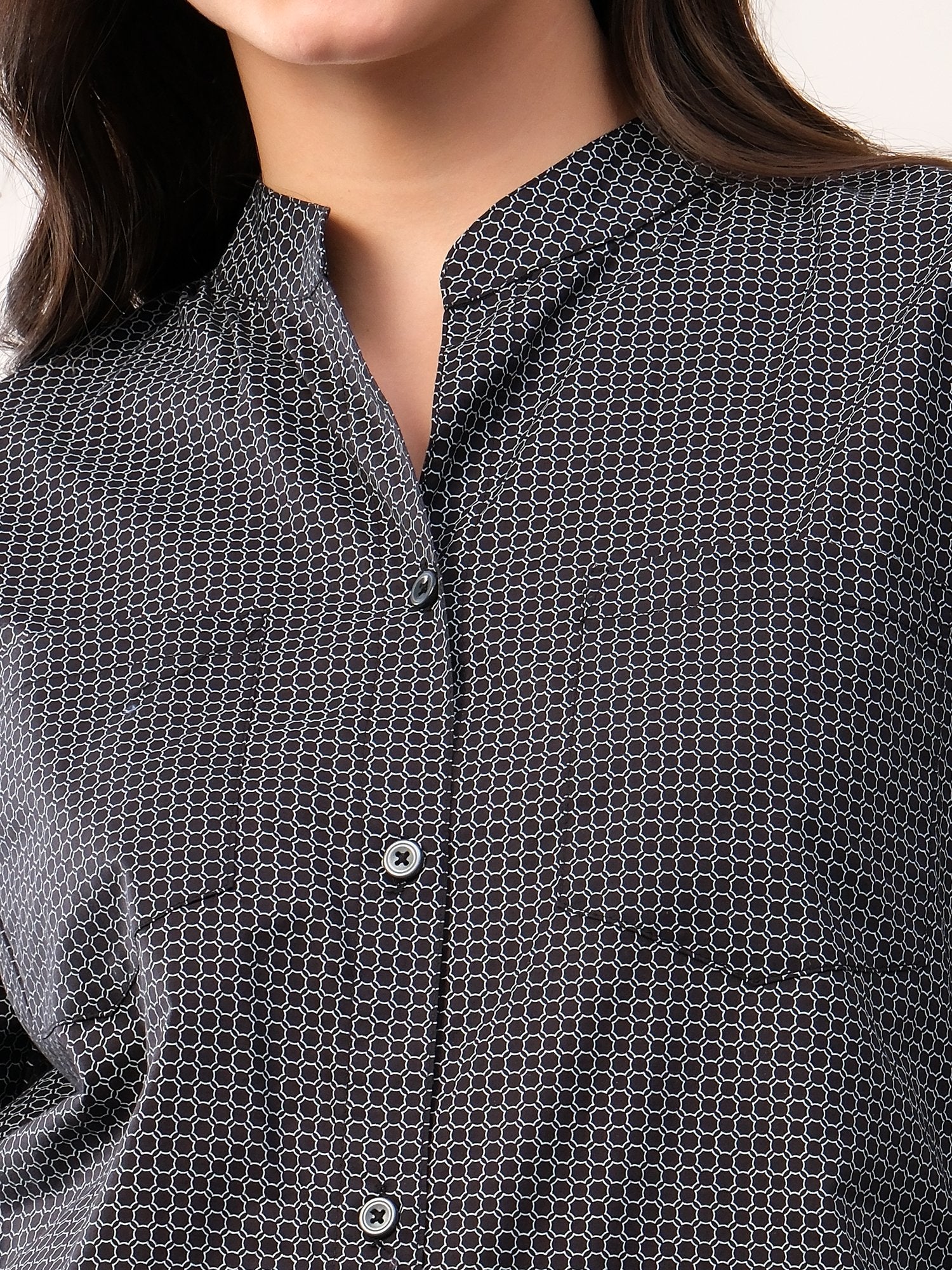 Black printed band neck collar dori shirt