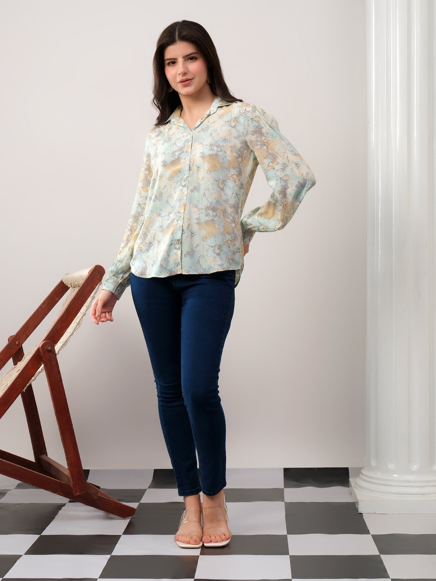 Green Printed Floral Casual Collar Shirt