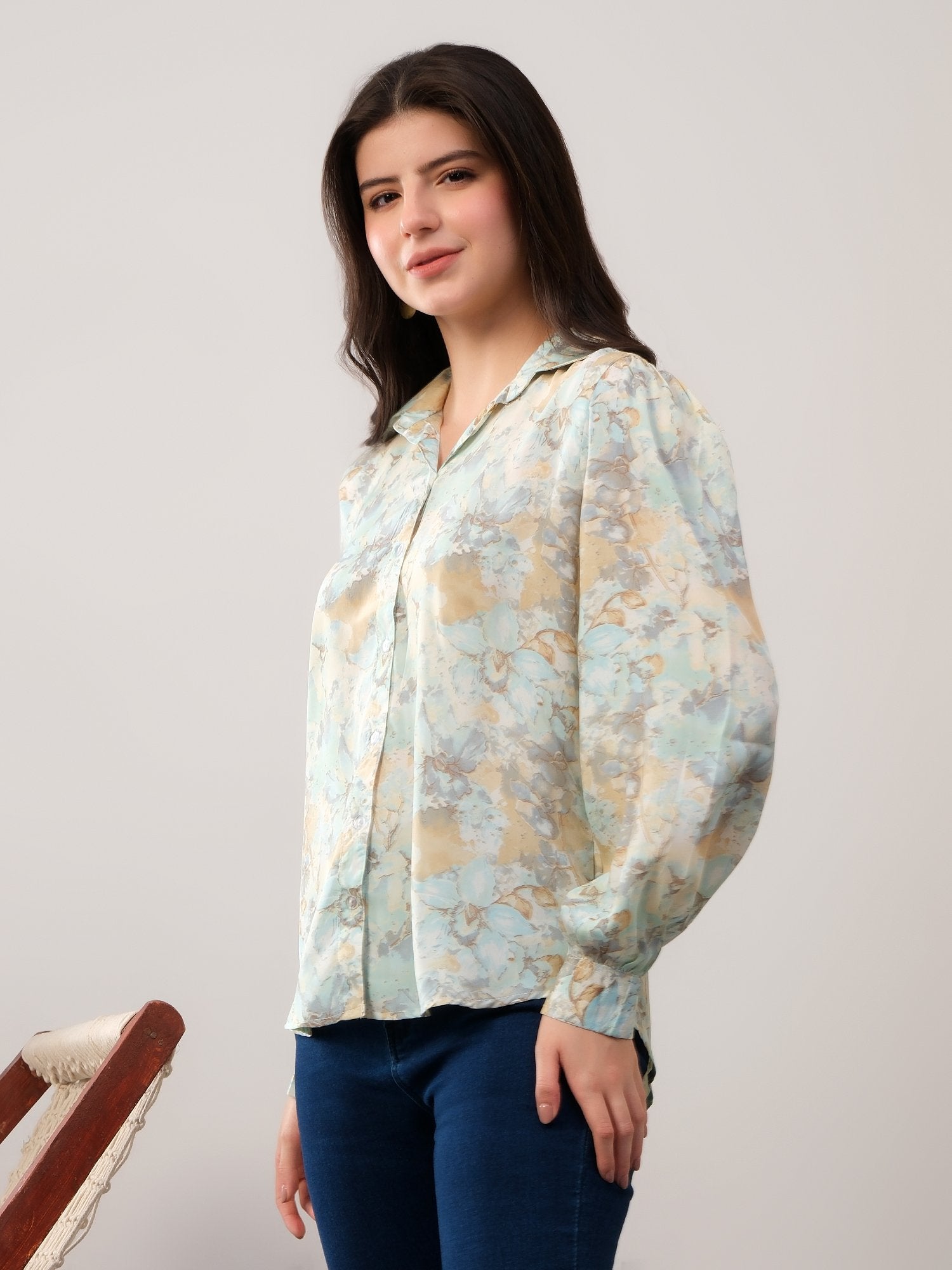 Green Printed Floral Casual Collar Shirt