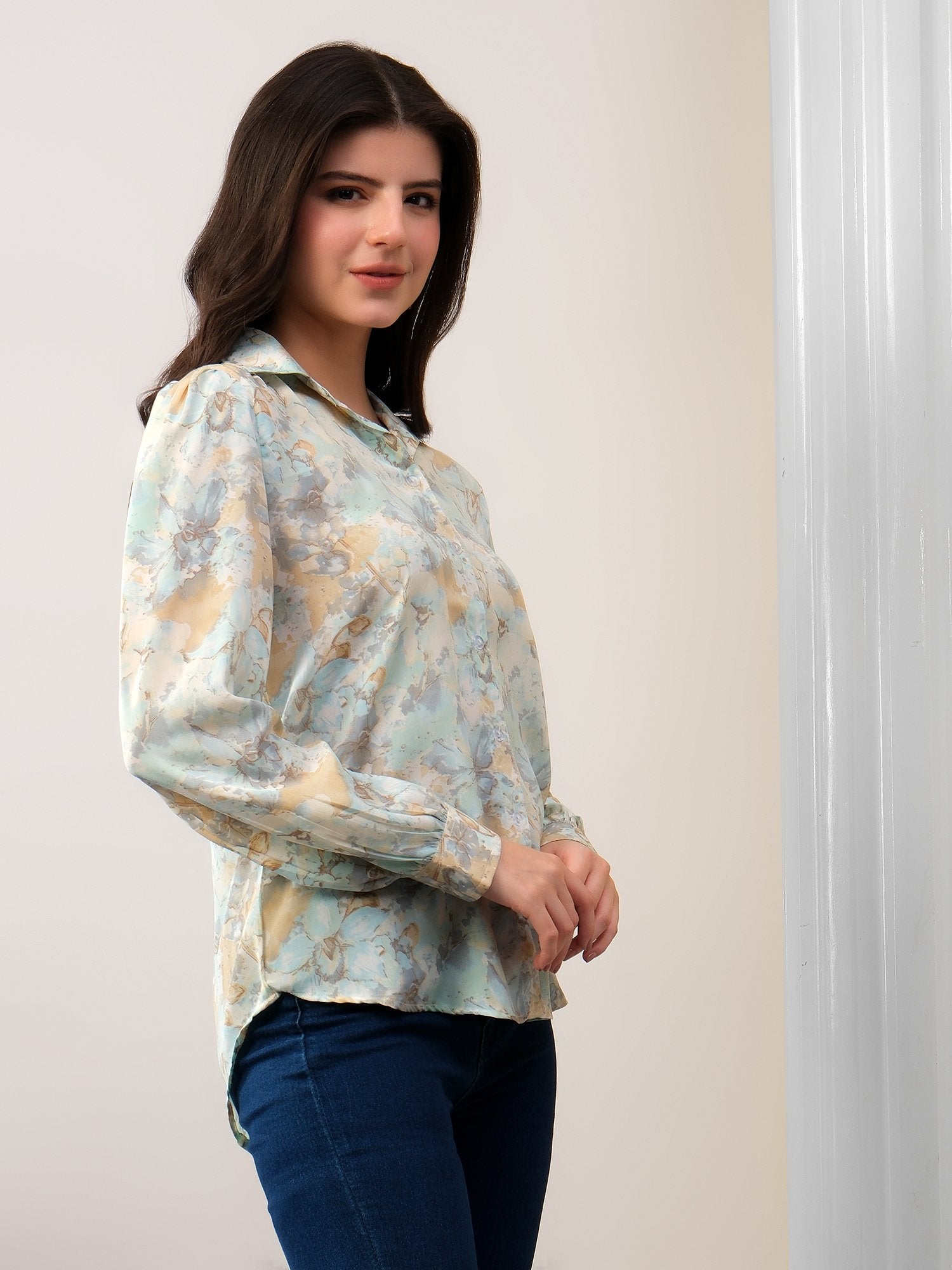 Green Printed Floral Casual Collar Shirt