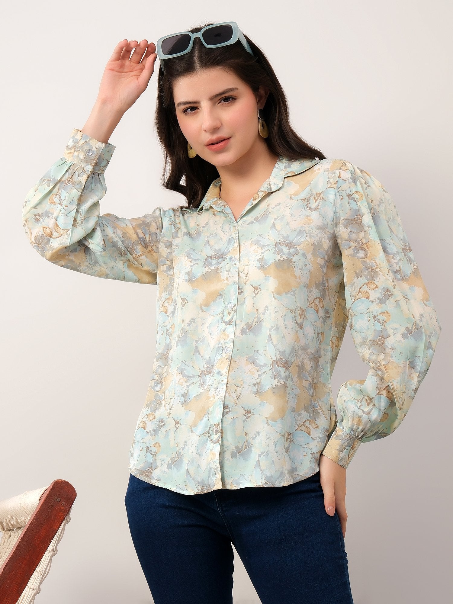 Green Printed Floral Casual Collar Shirt