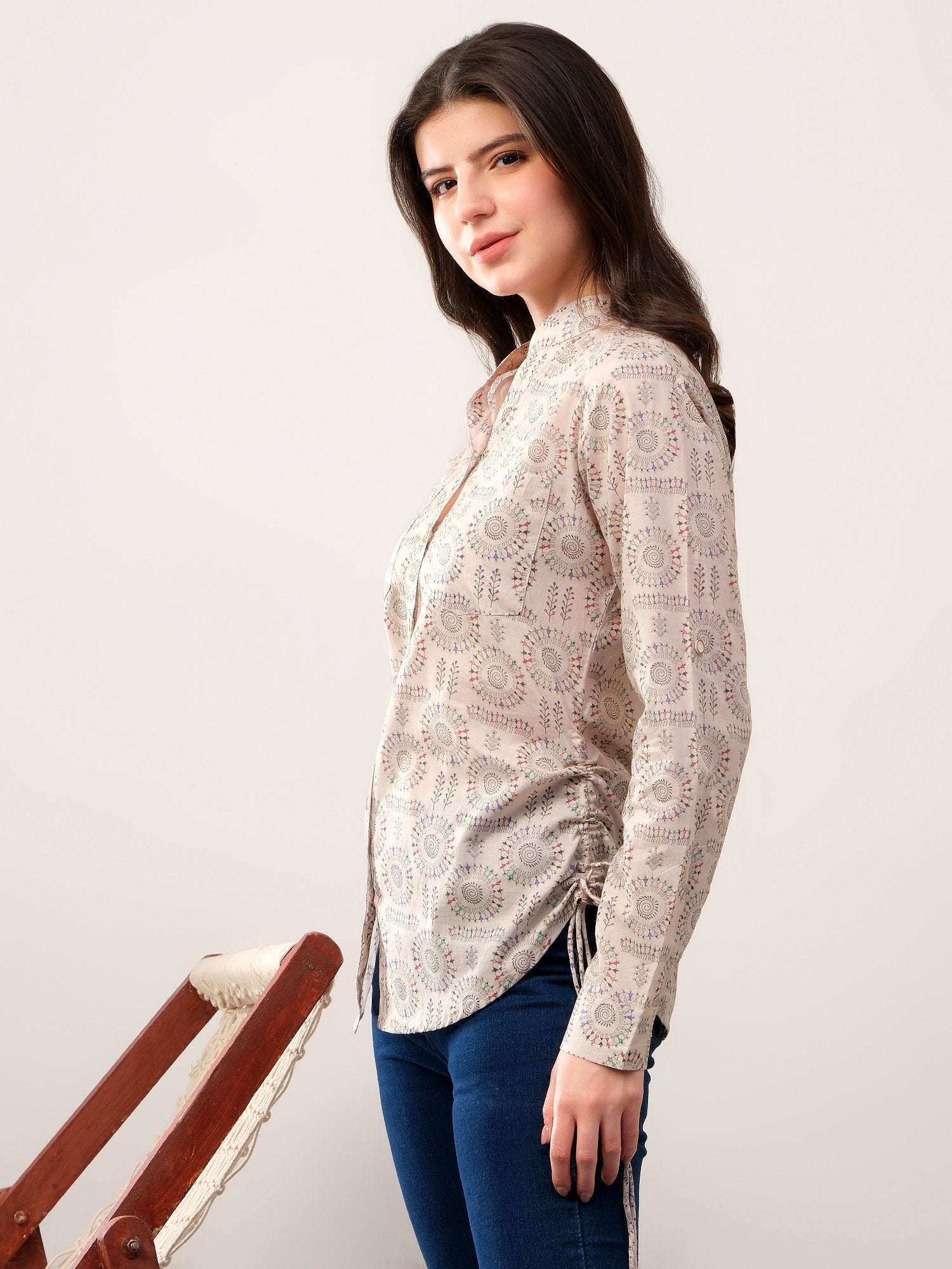Beige printed band neck collar dori shirt