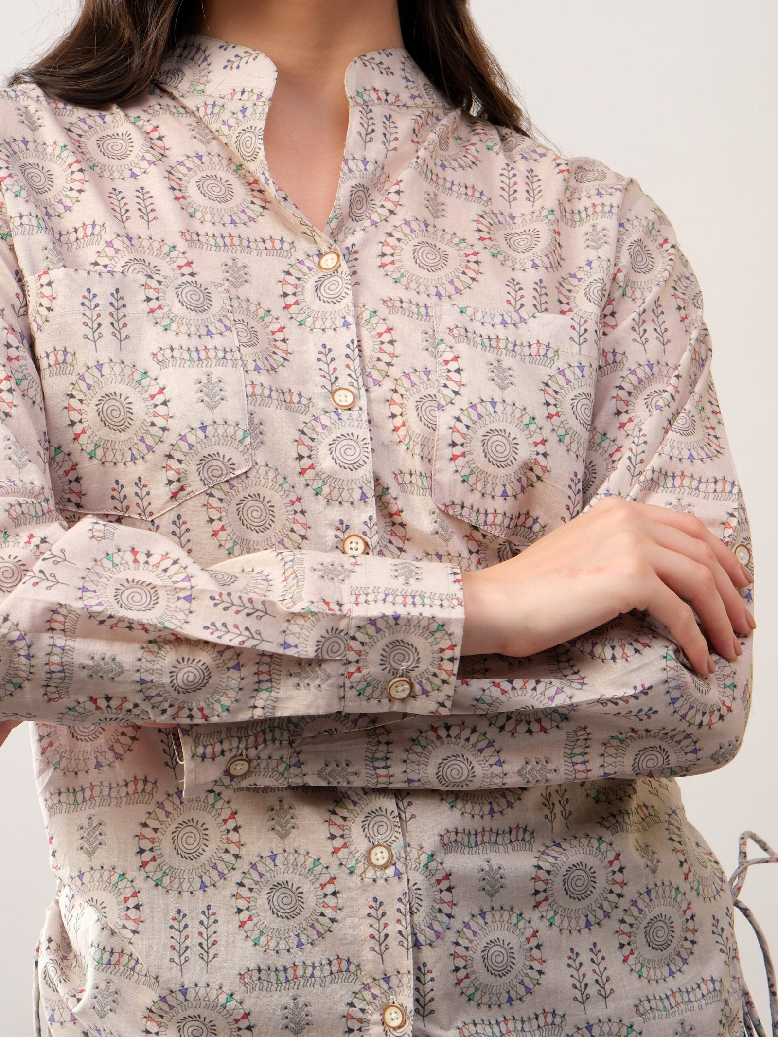 Beige printed band neck collar dori shirt