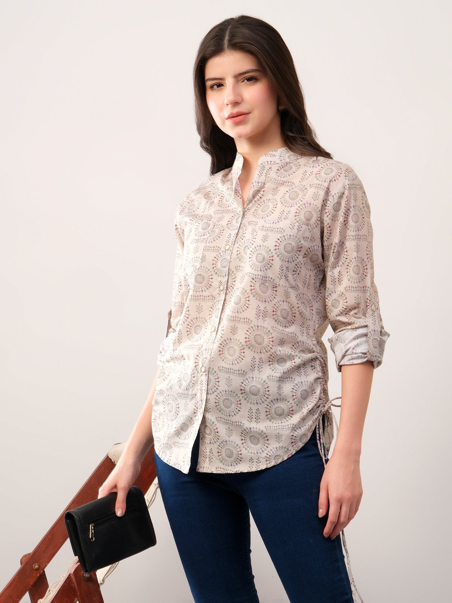 Beige printed band neck collar dori shirt
