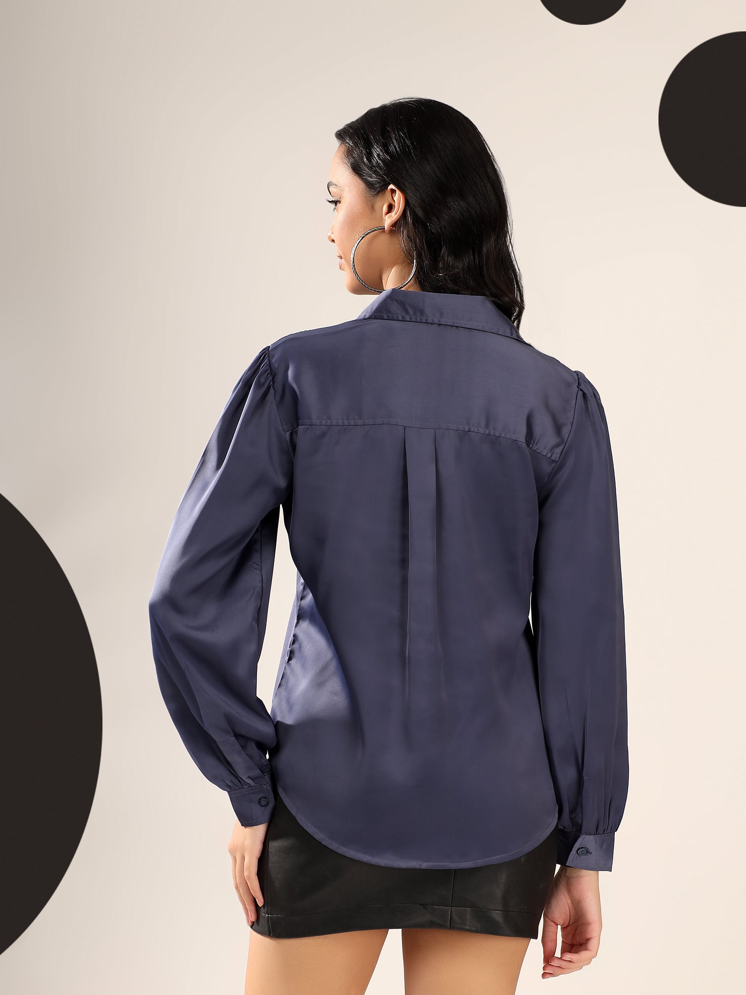 Navy Blue Solid Satin Casual Collar Shirt