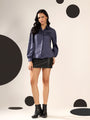 Navy Blue Solid Satin Casual Collar Shirt