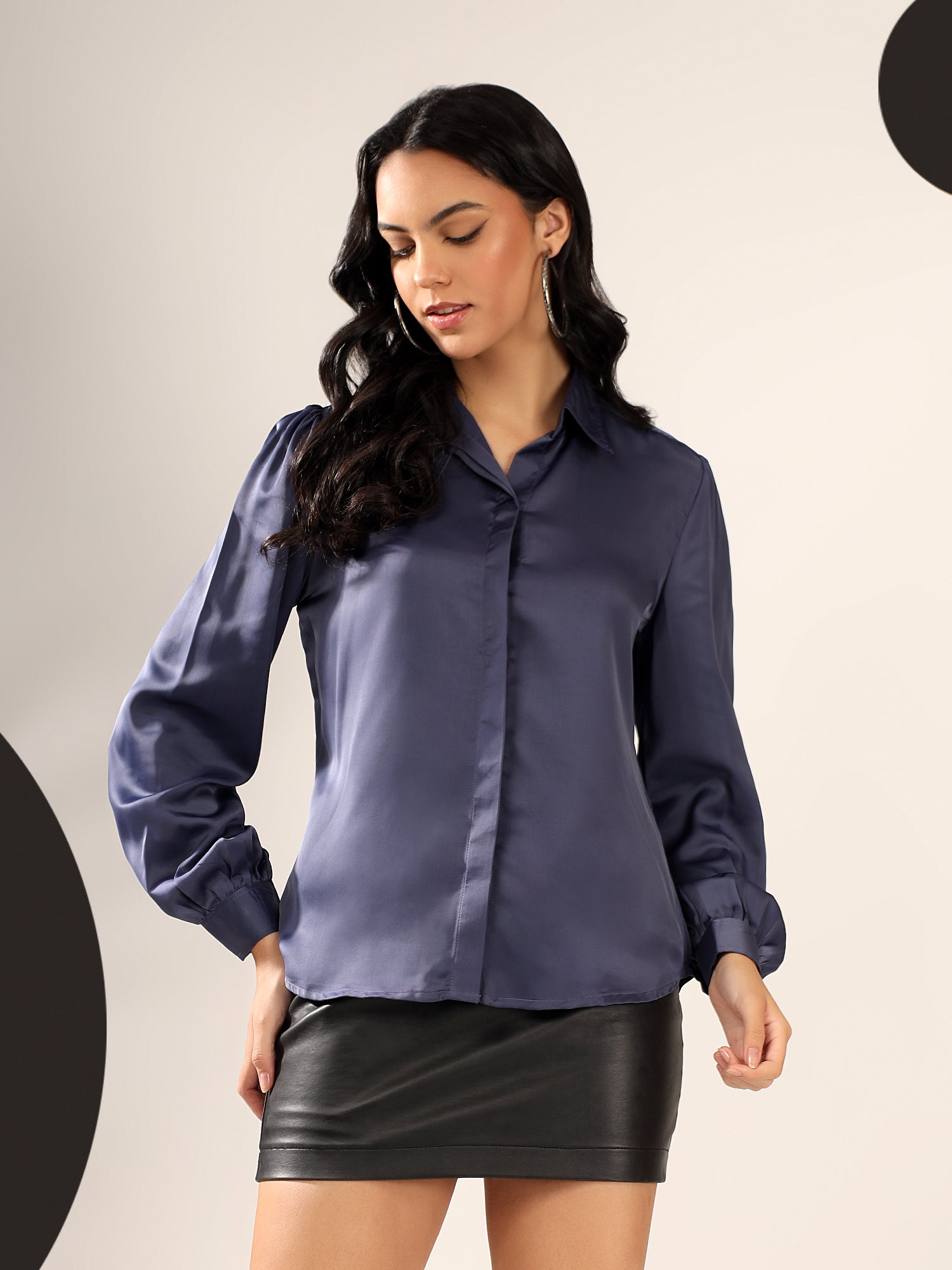 Navy Blue Solid Satin Casual Collar Shirt