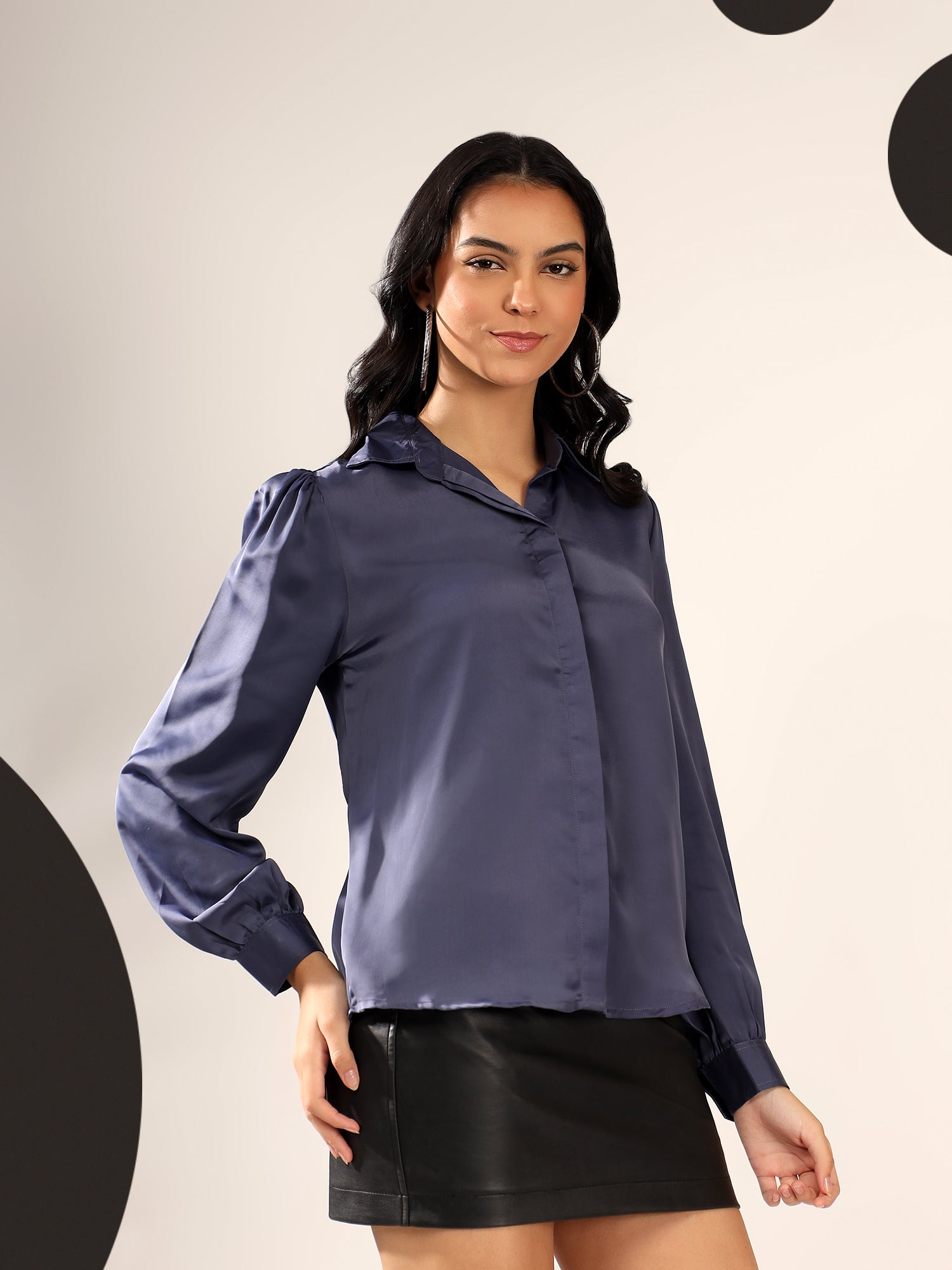 Navy Blue Solid Satin Casual Collar Shirt