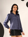 Navy Blue Solid Satin Casual Collar Shirt