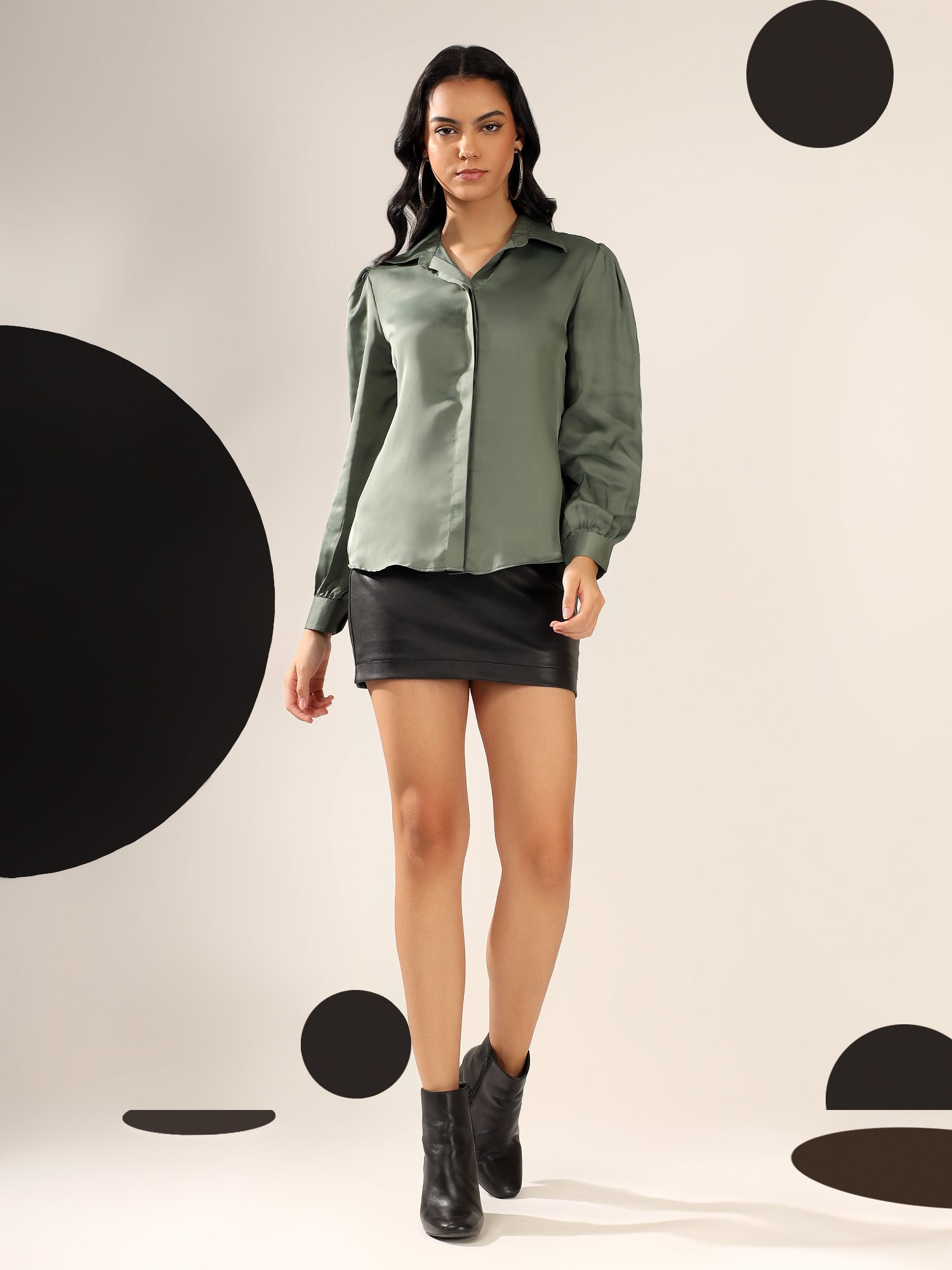 Dark Teal green Solid Satin Casual Collar Shirt