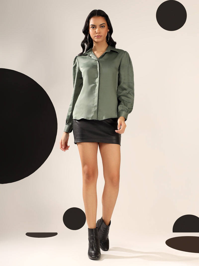 Dark Teal green Solid Satin Casual Collar Shirt