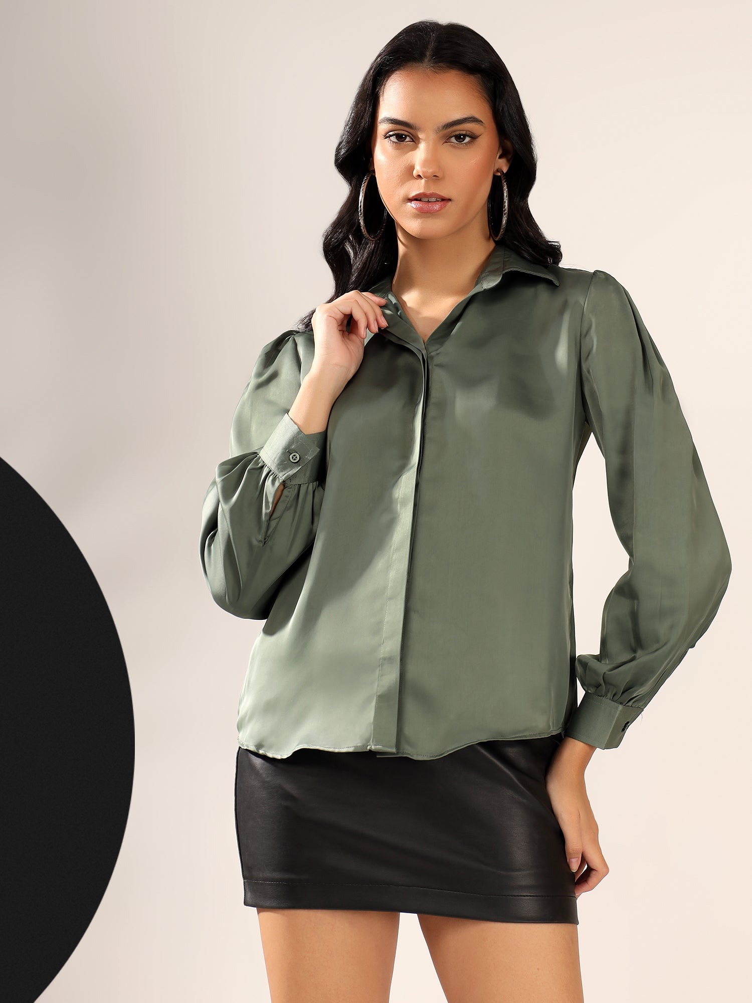 Dark Teal green Solid Satin Casual Collar Shirt