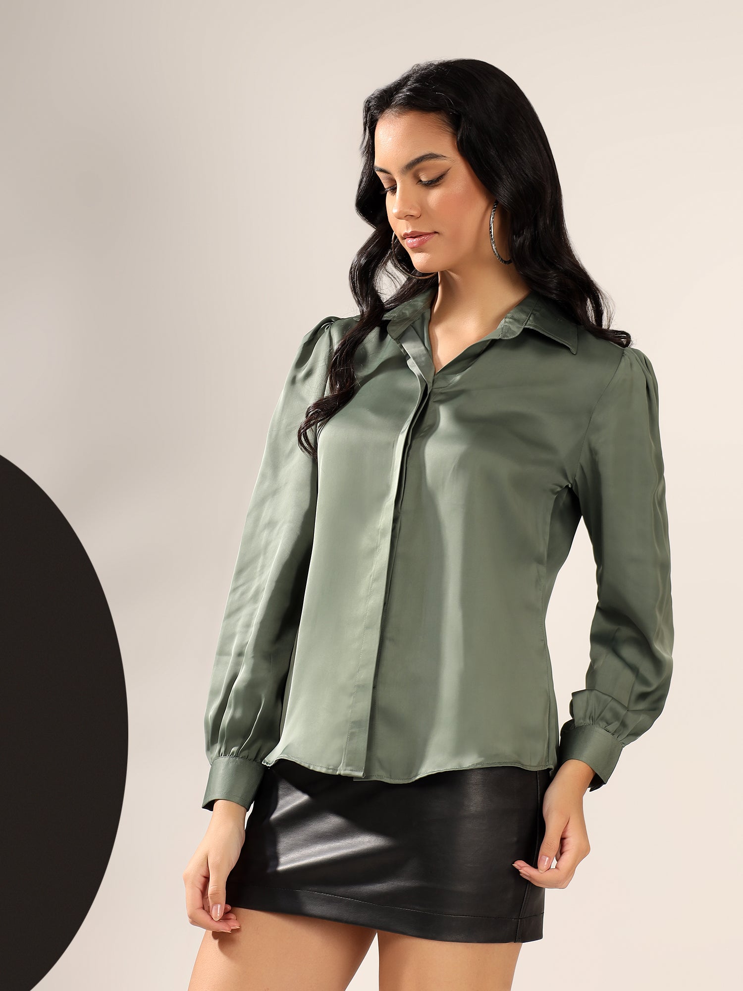 Dark Teal green Solid Satin Casual Collar Shirt