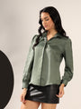 Dark Teal green Solid Satin Casual Collar Shirt