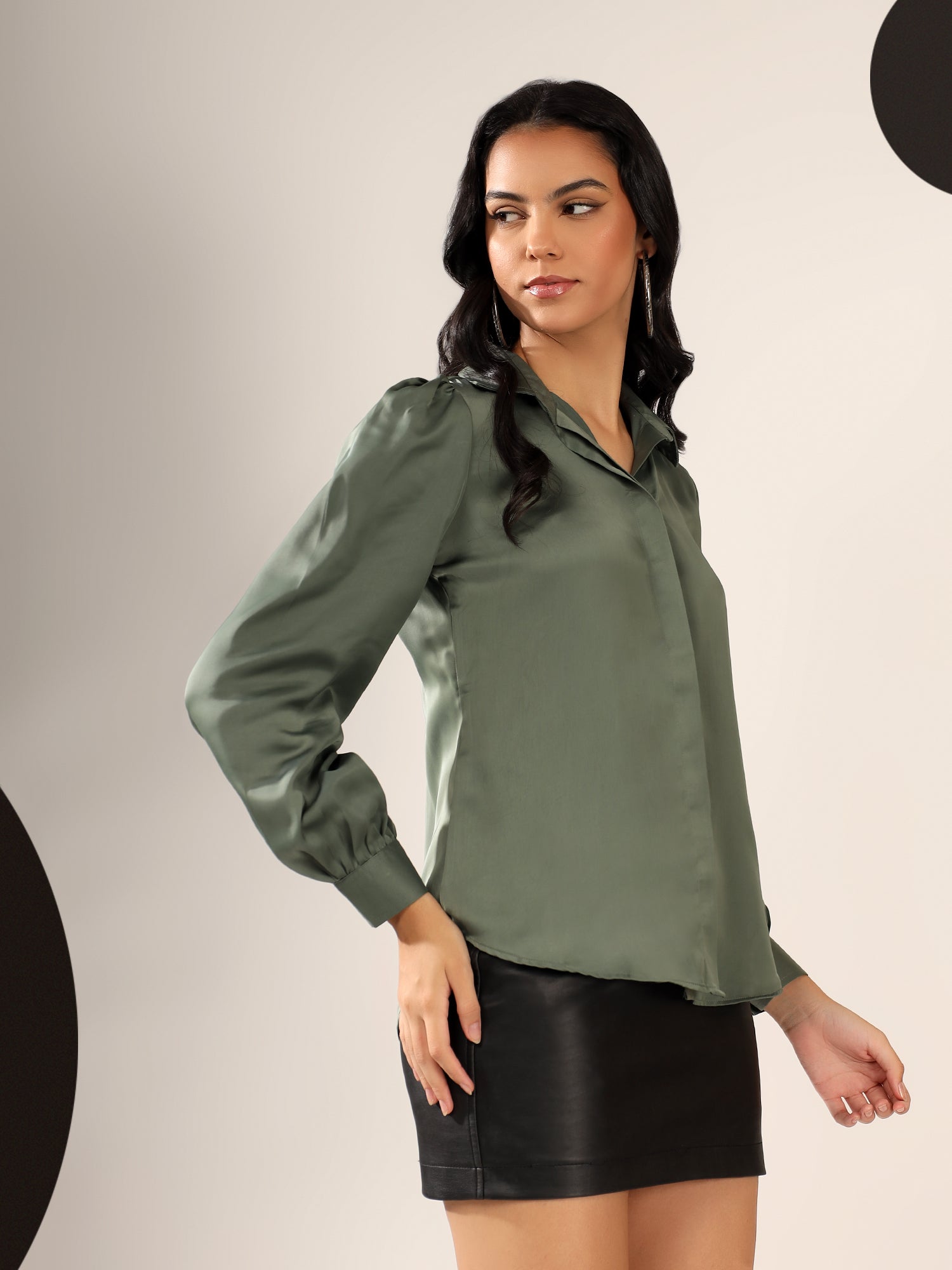 Dark Teal green Solid Satin Casual Collar Shirt