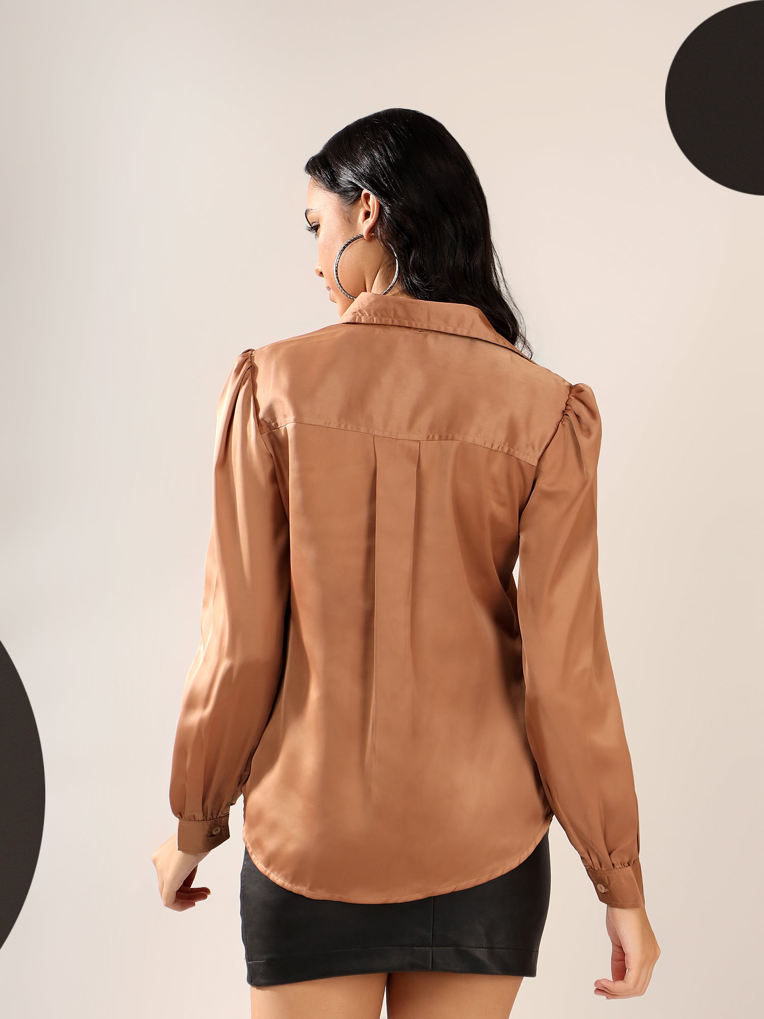 Mocha brown Solid Satin Casual Collar Shirt