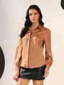Mocha brown Solid Satin Casual Collar Shirt
