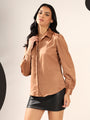 Mocha brown Solid Satin Casual Collar Shirt