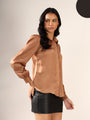 Mocha brown Solid Satin Casual Collar Shirt