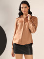 Mocha brown Solid Satin Casual Collar Shirt